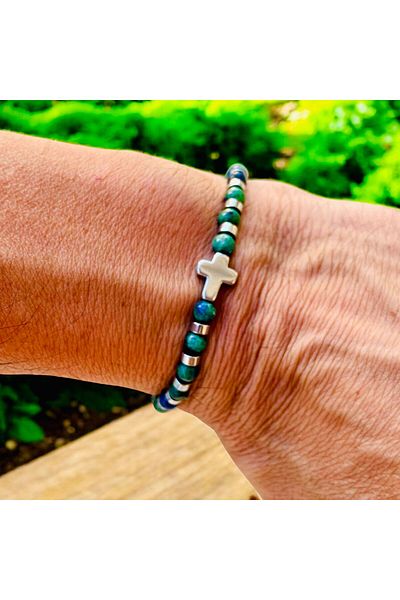 Rachel Silver Green Agate Natural Stone Hematite Stone Adjustable Elevator Drawstring Cross Bracelet