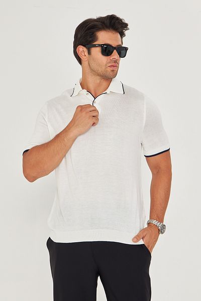 EDITION MAN Ecru Thin Summer Soft Cotton Polo Neck Knitwear Tshirt Ee100511596