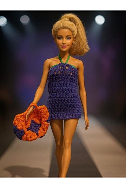 Zekids Barbie Bebek Için El Örgüsü Çiçek Detaylı Elbise Ve Çanta Ikili Takım(...