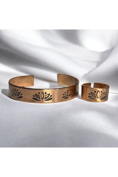 PrestigeSO Handwork Floral Pure Copper Bracelet and Ring Set Adjustable Bracelet and Ring - Bohemian Design