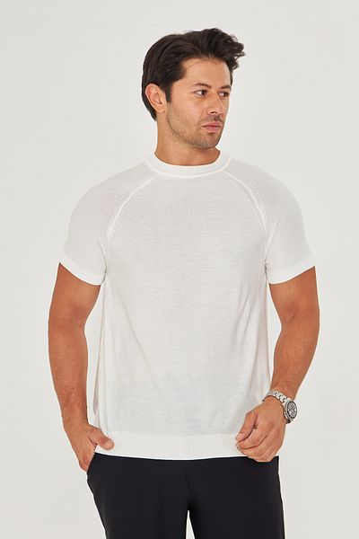 EDITION MAN Ecru Thin Summer Soft Cotton Crew Neck Knitwear Tshirt Ee100511597