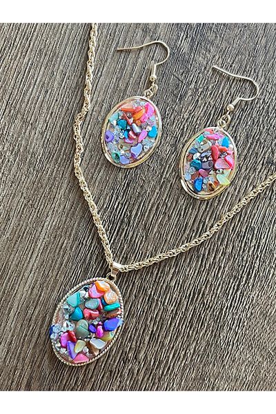 Büyük Hanım Colorful Vintage Broken Stone Modern Necklace Earring Set