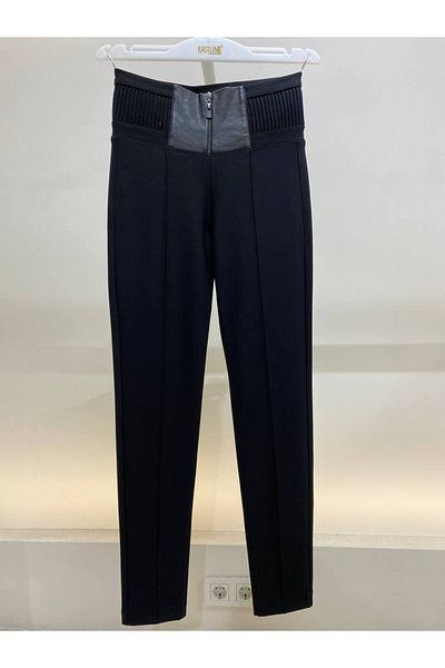 EXİTLİNE Women's Winter Elastic Waist Leather Zippered Black Skinny Leg Trousers