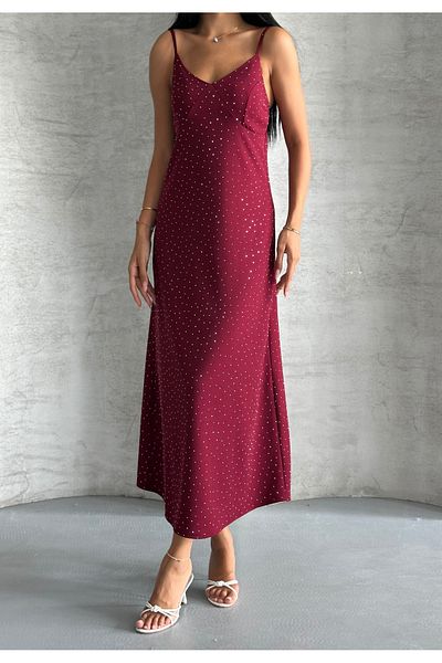 Moda Palmiss Women's Burgundy Thin Strap Stone Detailed Midi Dress
