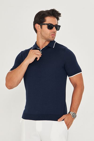 EDITION MAN Navy Blue Thin Summer Soft Cotton Polo Neck Knitwear Tshirt Ee100511596