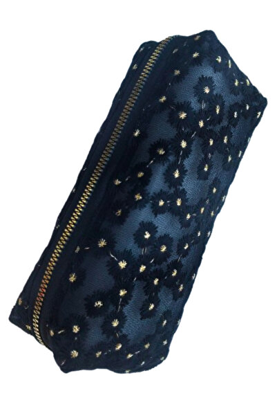 Glanart tek bölmeli çiçek işlemeli file kalemlik transparan siyah1 adet