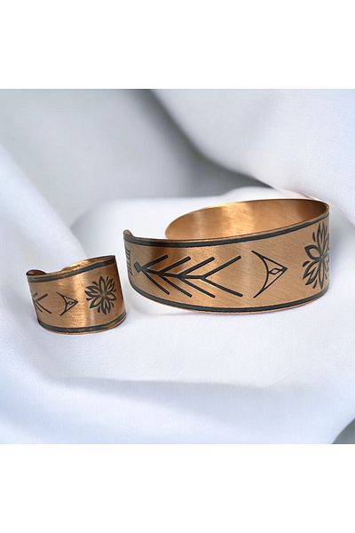 PrestigeSO Handwork Lotus Flower Pure Copper Jewelry Set Adjustable Bracelet and Ring - Health & Art