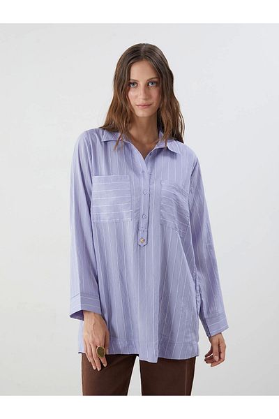 LC Waikiki Lcwaikiki Classic Purple Shirt Collar Striped Women's Tunic