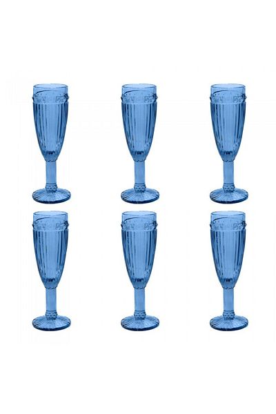 Raki Set 6 pahare sticla sampanie, albastre OLD SCHOOL forme relief 6x20cm 190cm