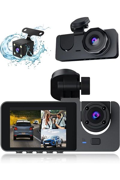 divendi-ro Triple slim car DVR camera, 2-inch LCD screen, Full HD, 3 lenses, 2 front and 1 rear, Gsensor, black