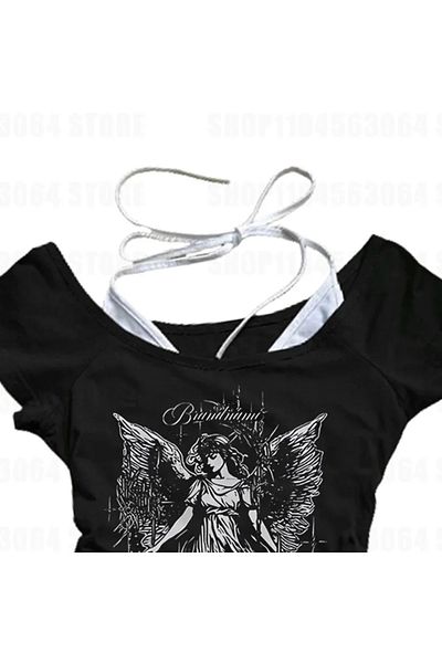 BİQ & TAQ BUTİK Black Gothic Angel Women Guler cu curea suplimentară cu mânecă scurtă Crop pe tot corpul