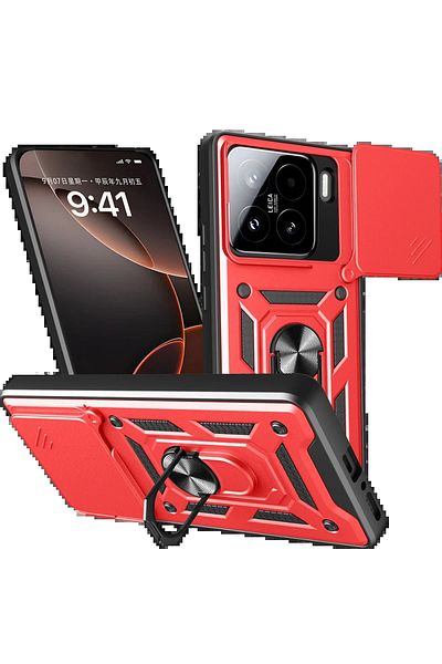 CepteToptan حافظة هاتف Xiaomi Mi 15 من السيليكون مع حلقة عدسة Pars - أحمر - MKİ8286-9221