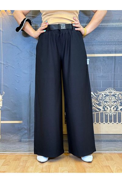 Yeşilmoda Loose Leg Pants,High Waist,Thick Fabric,Women'S,Three-Thread,Black,High Quality,Belted,Pockets,Wide
