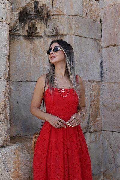 bytugcekaya Red Strap Pleated Fishtail Midi Dress