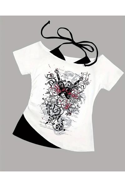 BİQ & TAQ BUTİK White Gothic Red Love Collar Additional Strap Short Sleeve Full Body Crop