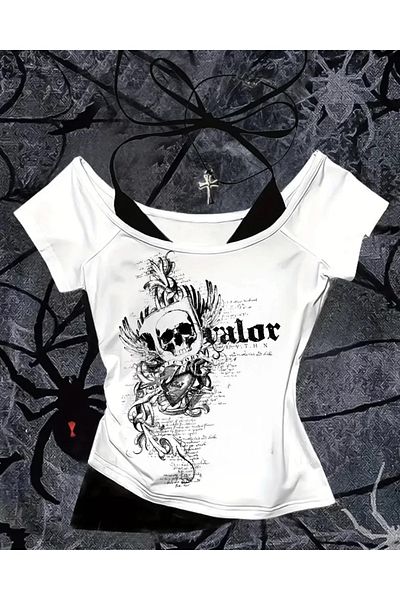 BİQ & TAQ BUTİK White Gothic Victory Collar Short Sleeve Full Body Crop with Additional Strap