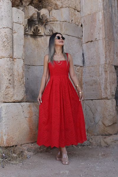 bytugcekaya Red Strap Pleated Fishtail Midi Dress