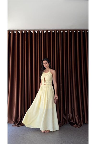 HAZELANNA Sırt Gold Detaylı Sarı Elbise