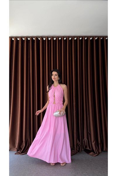 HAZELANNA Pink Dress with Back Gold Detail