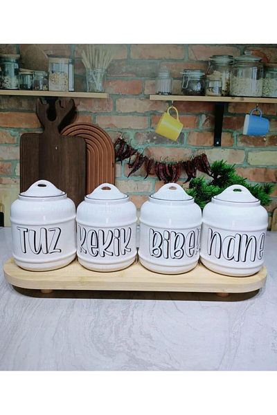 Altabi Ceramic 4-Piece Spice Rack Salt Thyme Mint Pepper Printed Retro Spice Set