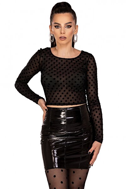 Atmosphere Fashion Fustă scurtă din piele neagră lăcuită
