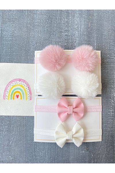 pempem bandana Baby Girl Pink Ecru Pompom Bandana Bow Tie Set