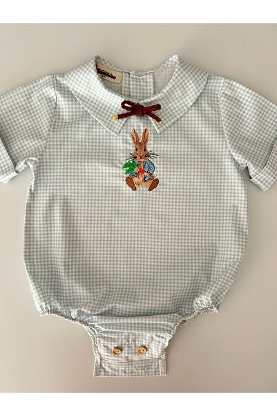 il mio bambino İl Mio Bambino Handmade 100% Cotton Baby Boy Rabbit Embroidered Shirt - Blue Plaid - Short Sleeve