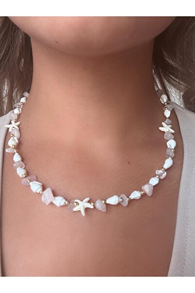 Vinlora Design Doğal Pembe Kuvars Taşlı Kabuklu Deniz Yıldızlı Kolye – El Yap...