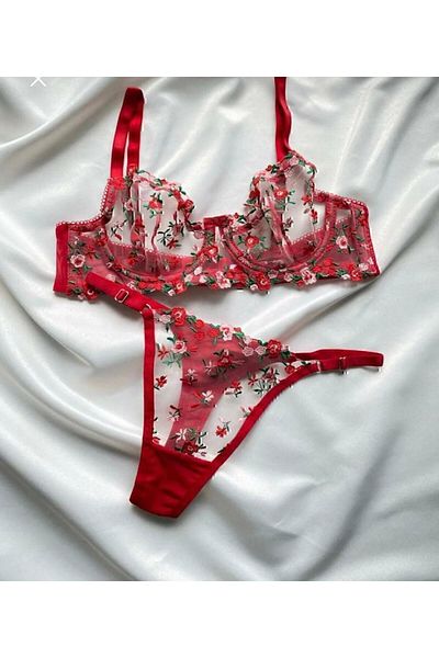 HappyZEY Red Floral Pattern Brodeli Bralet (Bra&Tanga) Underwear Set