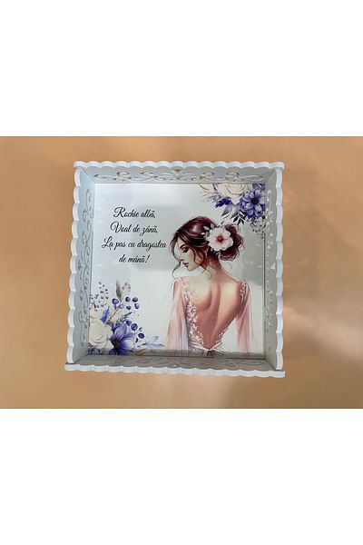OEM Bride's cooking tray set, white wood with UV print, 3 pieces: tray, mirror and brush, 28x28cm, mod