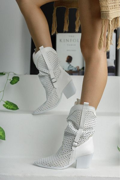İDC MODA White Leather Bellows Belt Detailed Perforated Summer Boots