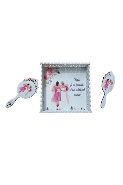 OEM Set tava pentru gatitul Miresei, lemn alb cu print UV roz 1, 3 piese: tav...