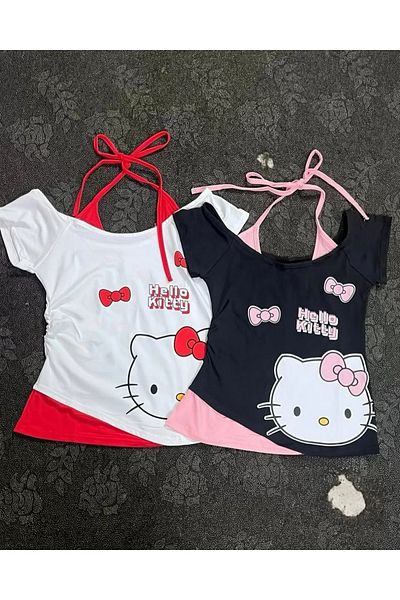 BİQ & TAQ BUTİK White Hello Kitty Short Sleeve Crop with Additional Strap