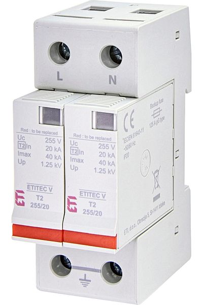 Eti Surge arrester SPD, Single-phase, 2P, T2, 20kA, Uc=255V, AC , ETITEC V, 002442954,