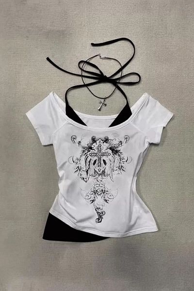 BİQ & TAQ BUTİK White Gothic Cross Wing Strap Y2K Short Sleeve Crop