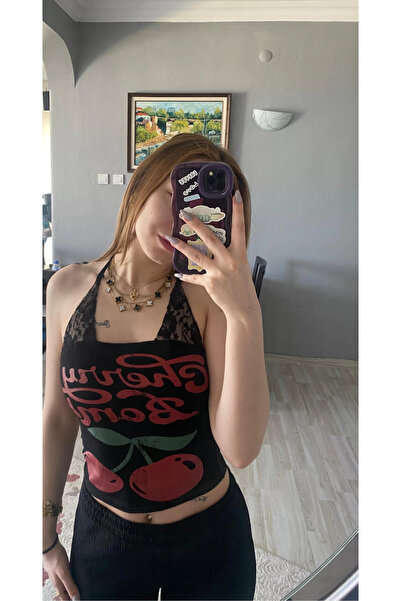 BİQ & TAQ BUTİK Black Cherry Bomb Lacy Crop with Additional Strap
