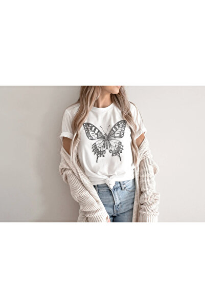 LAYORA Tricou alb vintage pentru femei Butterfly cu imprimeu - supradimension...