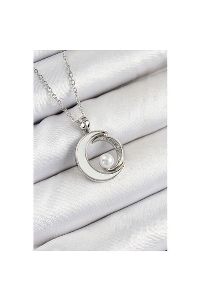Skygo 316L Steel Zircon Stone Pearl Detail Crescent Model Silver Color Women's Necklace - Tj-Bko10364