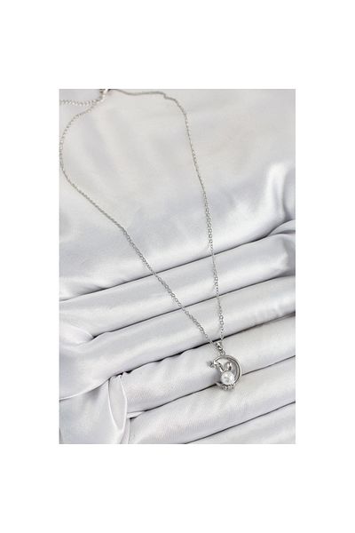 Skygo 316L Steel Pearl Detailed Crescent Rabbit Model Silver Color Women's Necklace - Tj-Bko10348