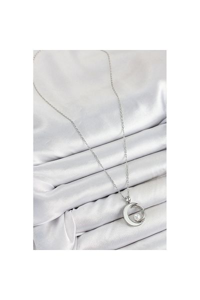 Skygo 316L Steel Zircon Stone Pearl Detail Crescent Model Silver Color Women's Necklace - Tj-Bko10364