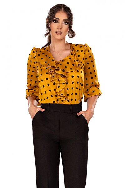 Atmosphere Fashion Mustard satin blouse with polka dots