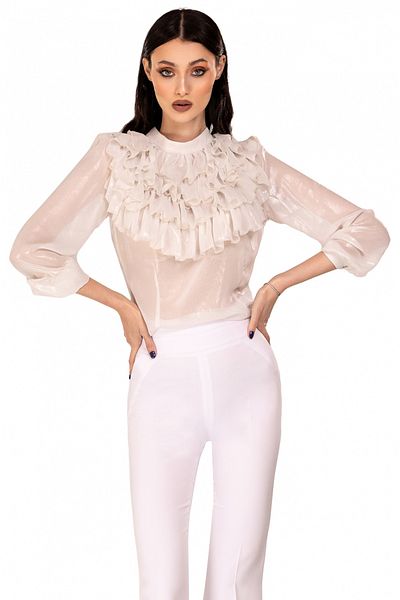 Atmosphere Fashion White veil shirt with silver glitter and ruffles