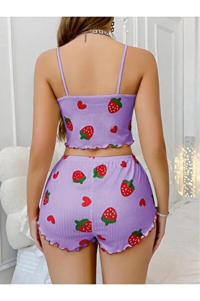 LUXERİA UNDERWEAR Kadın Mor Çilek Desenli Şortlu Pijama Takımı – Askılı Crop Üstlü Tatlı Ev Giyim