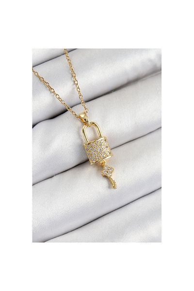Skygo 316L Steel Zircon Stone Lock and Dangle Key Model Gold Color Women's Necklace - Tj-Bko10353