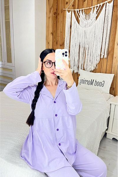 ByGamzeArman Purple Color Long Sleeve Cotton Fabric Loose Fit Maternity Confinement Pajamas Set