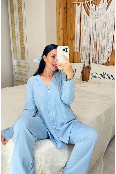 Pijamapartisi Baby Blue Color Long Sleeve Cotton Fabric Wide Mould Maternity Confinement Pajamas Set