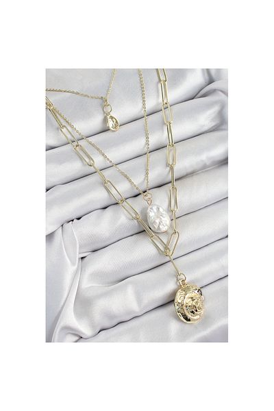 Skygo Brass Multi Chain Pearl Shell Model Gold Color Women's Necklace - Tj-Bko10370