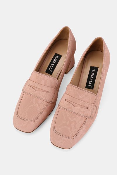 TUNAELLİ Women's Powder Pink Genuine Leather 35-41 Number Medium Heel Loafer Shoes