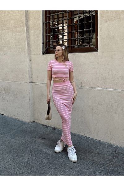 PETITE Striped Skirt Suit Pink S3609