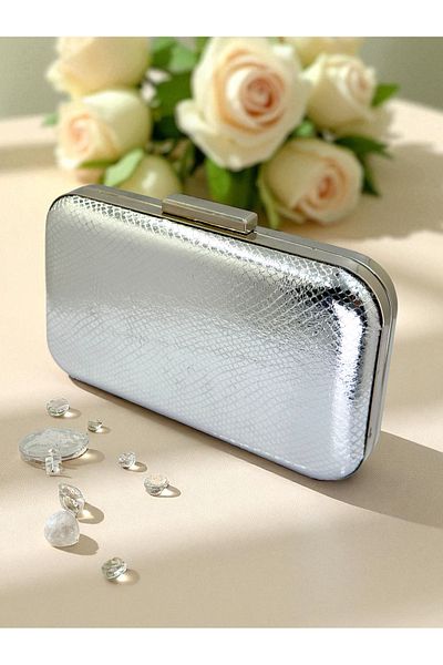 Biçanta Silver Gray Lame Color Snake Pattern Shiny Leather Women's Evening Dress Bag Wedding Engagement Graduation